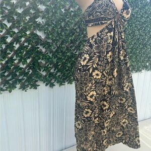 Floral Black and Cream Halter Dress